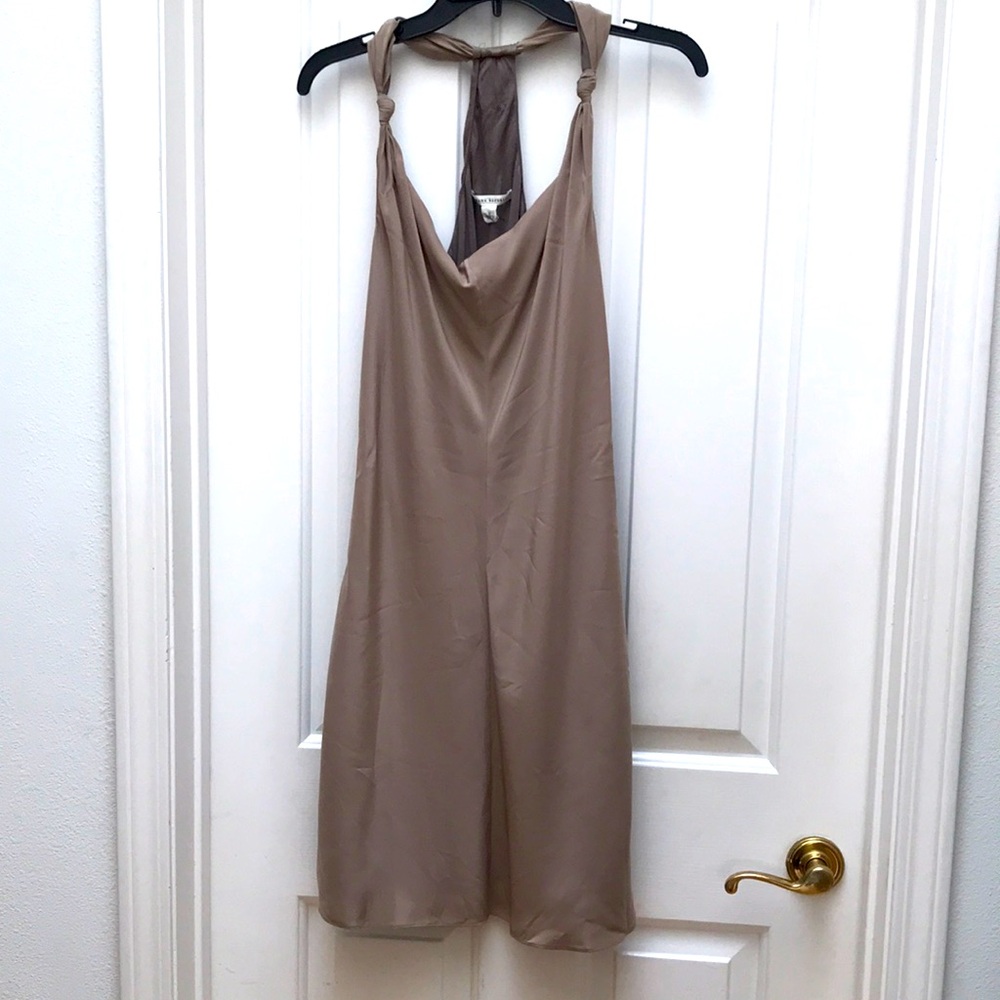 BR 100%silk double lined and very comfortable knit back Taupe Brown Halter Dress